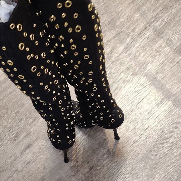 Black and Gold Studded Knee-High Boots - Picture 4 of 6